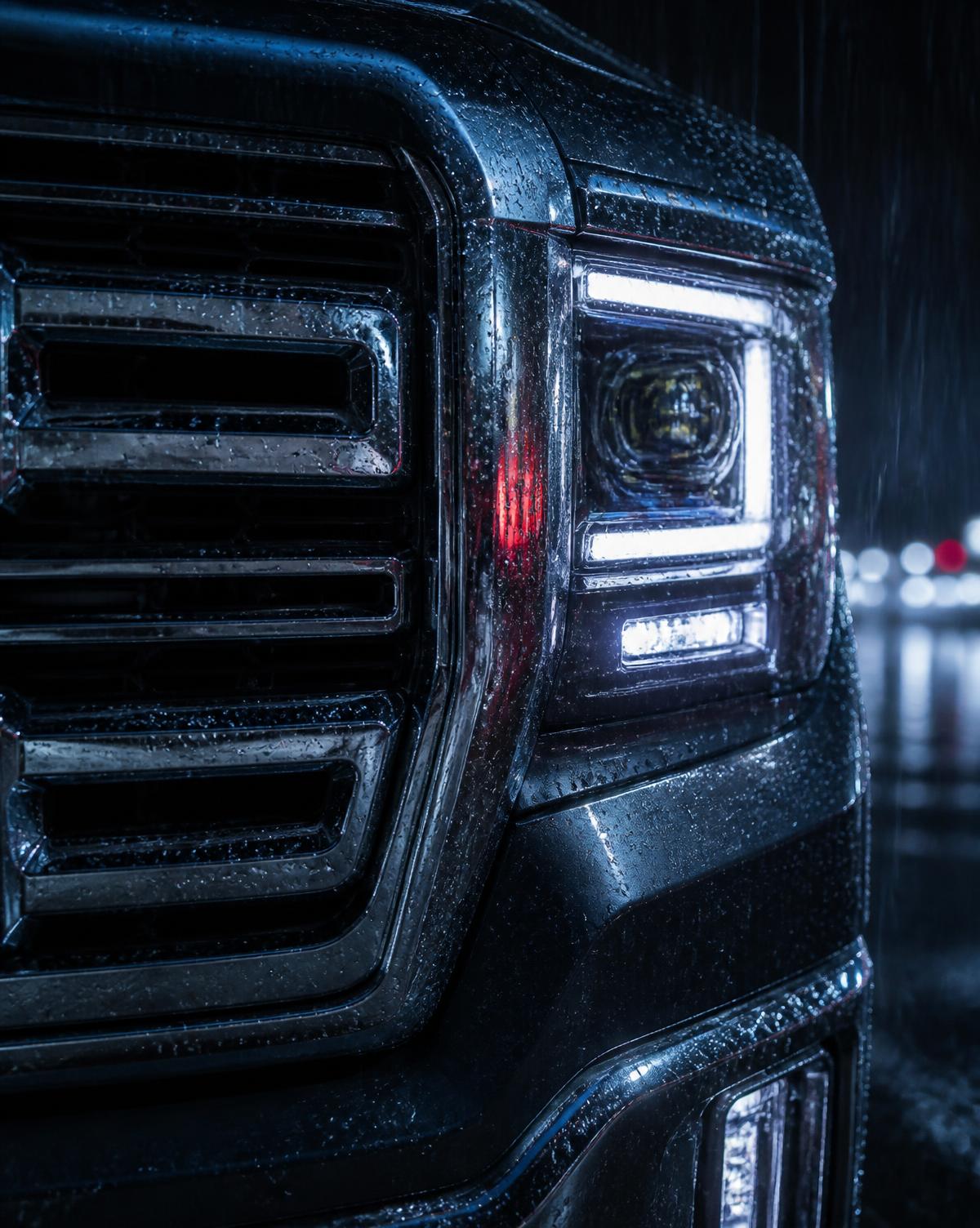 Detailaufnahme einer modernen LKW-Front mit Scheinwerfern bei Regen